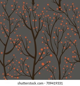 Seamless pattern with brown trees and red berries on gray background. Vector illustration.