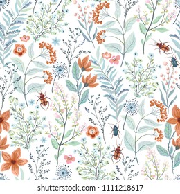 Seamless pattern with brown and turquoise beetles, abstract flowers, branches, leaves. Vector floral illustration on white background. Cute template for swatch.