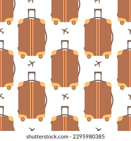 Patrón inmaculado con maleta marrón vintage y siluetas de avión. Equipaje para viajes, negocios, turismo. Ilustración plana del vector aislada en fondo blanco