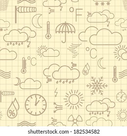 Seamless pattern of brown weather symbols on yellow checkered background