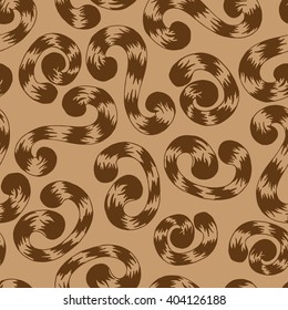 Seamless pattern of brown whorls curlicues on brown background