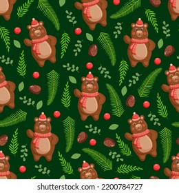 Seamless pattern with a brown winter bear in a hat and scarf with forest leaves, fir branches and red berries. Vector Christmas illustration for fabric, texture, wallpaper, poster, card.