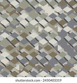 Ein nahtloses Muster aus braun, Holz, beige und grau Quadrate und Dreiecke mit einem Stern in der Mitte. Dieses textile Design würde als Fußboden großartig aussehen