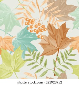 seamless pattern with brown, yellow, blue, green autumn leaves Colorful leaf of maple, aspen and rowan with berries