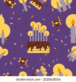 Seamless pattern with brown and yellow cake with a candles, purple background.