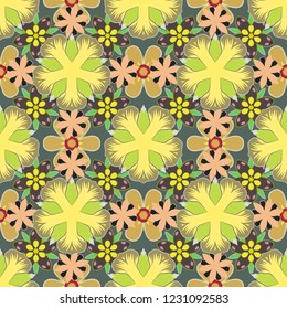 Seamless pattern in brown, yellow and green colors. Islamic vector design. Oriental ornament for textile print, printing or fabric.