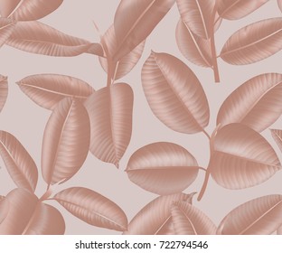Seamless pattern, brown/bronze Ficus Elastica leaves on light brown background