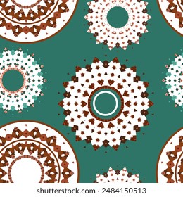 Patrón sin fisuras con círculos ornamentados de color marrón-blanco sobre fondo esmeralda sucia. Ilustración vectorial