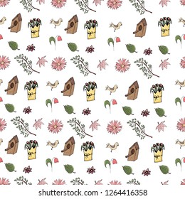 Seamless pattern with brunches, flowers, leaves, nesting box. For season  and spring design.