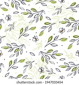 Seamless pattern with brunches and leaves. Spring hand drawing picture for fabric, wallpaper, wrapping paper. EPS10, vector.