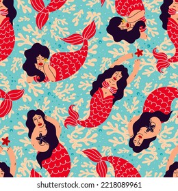 Seamless pattern with brunette mermaids and corals on a blue background.Seamless background with mermaids. Vector illustration