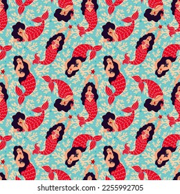 Seamless pattern with brunette mermaids and corals on a blue background.Seamless background with mermaids. Vector illustration