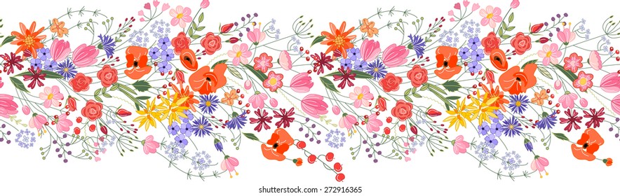 Seamless pattern brush. Bunch of field flowers. Vintage style.