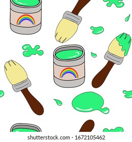 seamless pattern, brush and can of green paint