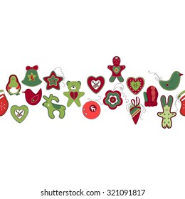 Seamless pattern brush with Christmas decoration on transparent background. Simple colors. Endless texture for Christmas design, announcements, postcards, posters.
