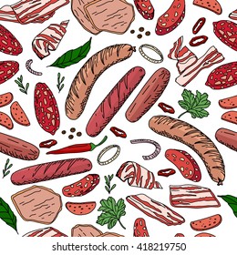 Seamless pattern brush with different vegetables, mushrooms, herbs and meat. Horizontal border for your design, announcements, restaurant and cafe menu. 