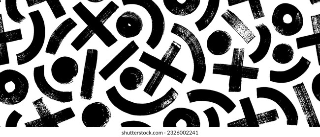 Seamless pattern with brush drawn arches, x and circles. Contemporary vector geometric ornament with simple forms. Banner background with grunge crosses, dots and semi circles. Geometric shapes.