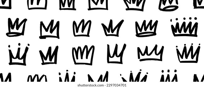 Seamless pattern and brush drawn crowns  King crown sketches  Ornament and black charcoal hand drawn heads tiaras  Doodle diadems seamless banner  Queen royal diadems vector ornament 