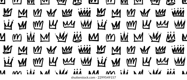 Seamless pattern and brush drawn crowns  King crown sketches  Ornament and black charcoal hand drawn heads tiaras  Doodle diadems seamless banner  Queen royal diadems vector ornament 