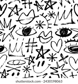 Seamless pattern with brush drawn doodle elements. Hand drawn decorative punk style background. Vector childish and girly pattern. Trendy modern illustration. Funny comic cute characters and doodles.