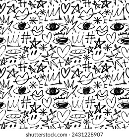 Seamless pattern with brush drawn doodle elements. Hand drawn decorative punk style background. Vector childish and girly pattern. Trendy modern illustration. Funny comic cute characters and doodles.