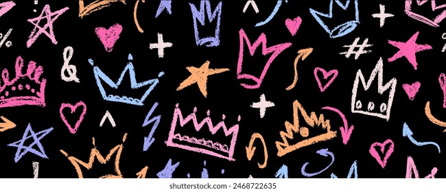 Seamless pattern brush drawn doodle shapes . Hearts, crowns, arrows, crosses, swirls and dots with dry brush texture. Banner background with trendy graffiti style elements. Hand drawn various shapes.