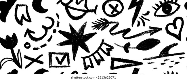 Padrão contínuo com formas de rabisco desenhadas com pincel. Coração, estrela, setas, tulipa, olho, redemoinhos e pontos com textura de escova seca. Plano de fundo de banner com elementos de estilo graffiti agradável. 