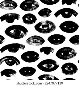 Seamless pattern with brush drawn eyes. Open black eyes hand-drawn with bold lines. Cartoon style seamless pattern in simple grunge style with dry brush texture. Monochrome fashion design.