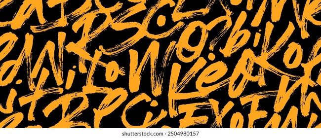 Seamless pattern with brush drawn punk letters. Hand drawn vector script, rough calligraphy. Fancy illegible, hand written cursive letters. Seamless banner design with funky yellow graffiti typography