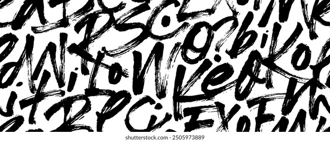 Seamless pattern with brush drawn punk letters. Hand drawn vector script, rough calligraphy. Fancy illegible, hand written cursive letters. Seamless banner design with funky graffiti typography.