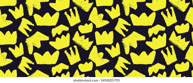 Seamless pattern with brush drawn yellow crowns. King crown sketches. Ornament with black charcoal hand drawn heads tiaras. Doodle diadems seamless banner. Queen  diadems vector ornament.