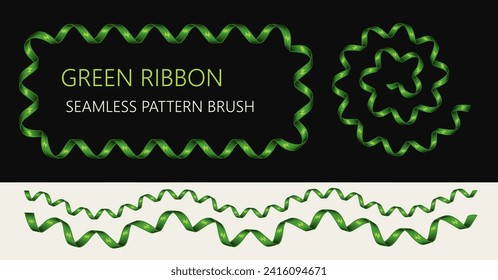 Seamless pattern brush with green party streamer, spiral ribbons. Brush with end, start tiles. Design element for gift, greeting, festive, holiday design, decoration