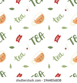 Seamless pattern with brush hand-drawn word - tea, tea cup and tea leaves. For prints, backgrounds, wrapping paper, textile, wallpaper, etc. 