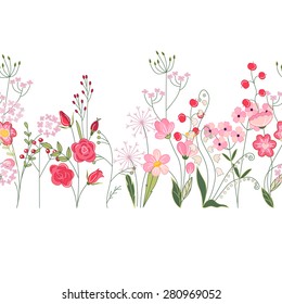 Seamless pattern brush with herbs, roses and wild flowers. Endless horizontal texture  for your design, greeting cards, wedding announcements, posters. 