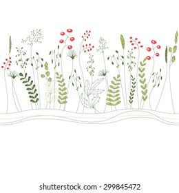 Seamless pattern brush with herbs and wild flowers isolated on white. Endless horizontal texture for your design. 