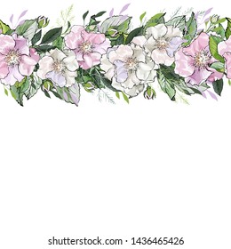 Seamless pattern brush with light pink and white dog rose, rose hip and green leaves. Horizontal border for festive design, postcards, posters, wedding invitations.