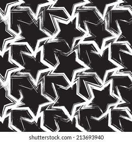 Seamless pattern with brush painted stars. Black and white grunge vector background. 