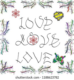Seamless pattern. Brush sketched lettering. Vector illustration. Pictures on white, gray and green colors.