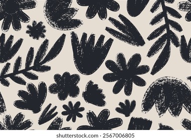 Seamless pattern brush stroke abstract floral. Simple hand drawn botanical flowers and leaves, grunge brush texture. Seamless pattern floral. Vector illustration.