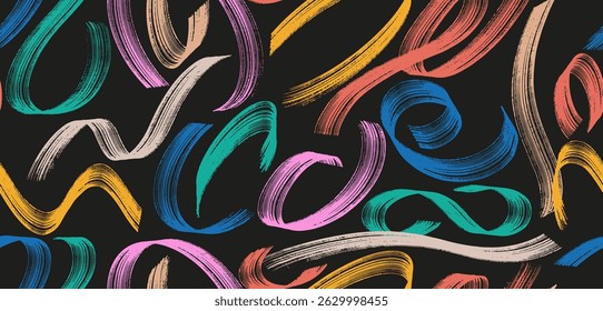 Traçados de pincel de padrão sem costura com textura detalhada. Traçado do pincel de tinta abstrata colorida, desenho de um plano de fundo do quadro. Grunge velho vintage escova traçado arranhões. Pinte o traçado do pincel com padrão uniforme.