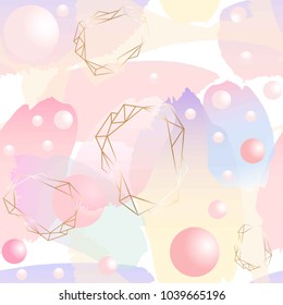 Seamless pattern. Brush strokes, gold contour crystals and 3d balls of pastel colors. Abstract vector background. 