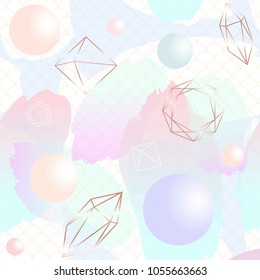 Seamless pattern. Brush strokes, gold contour crystals and balls of pastel colors. Abstract vector background. 