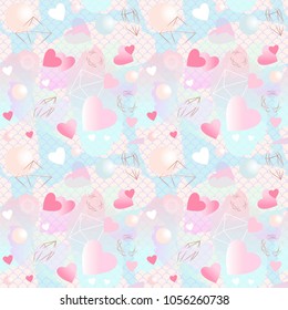 Seamless pattern. Brush strokes, gold contour crystals, hearts and balls of pastel colors. Abstract vector background. 