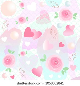 Seamless pattern. Brush strokes, gold contour crystals, hearts, balls of pastel colors and rose flowers. Abstract vector background. 