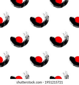 Seamless pattern with brush strokes ornament. Ink grunge texture on white background. Japanese style vector wallpaper.