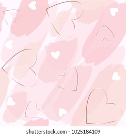 Seamless pattern. Brush strokes in pink tones, rose gold contour hearts and white hearts . Abstract vector background. 