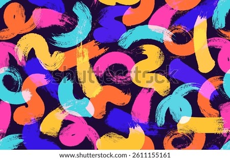 Seamless pattern with brush strokes. Repeating doodle ornament with textured scribbles, confetti, waves and curves. Design element for print. Hand drawn vector illustration