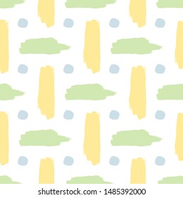 Seamless pattern with brush strokes and round spots. Watercolor, paint, ink. Vector illustration for children.
