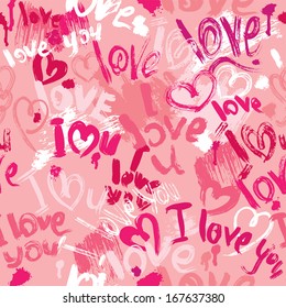 Seamless pattern with brush strokes and scribbles in heart shapes and words LOVE, I LOVE YOU  - Valentines Day Background.