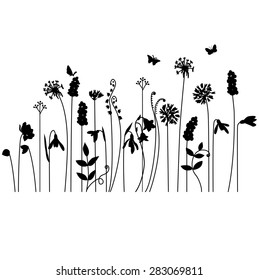 Seamless pattern brush with stylized summer flowers. Endless horizontal texture. Contour, outline. Black silhouette.